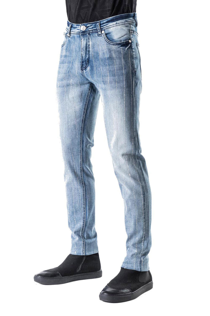 Barabas Men's Rhinestone Stretchy Slim Fit Blue Denim Jeans SN8887 Blue