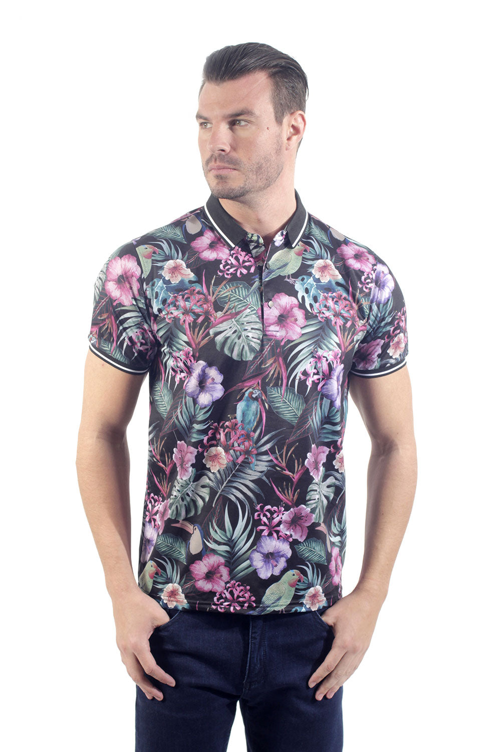 Barabas Men's Floral Print Multi Color Design Graphic Tee Polo Shirts P922