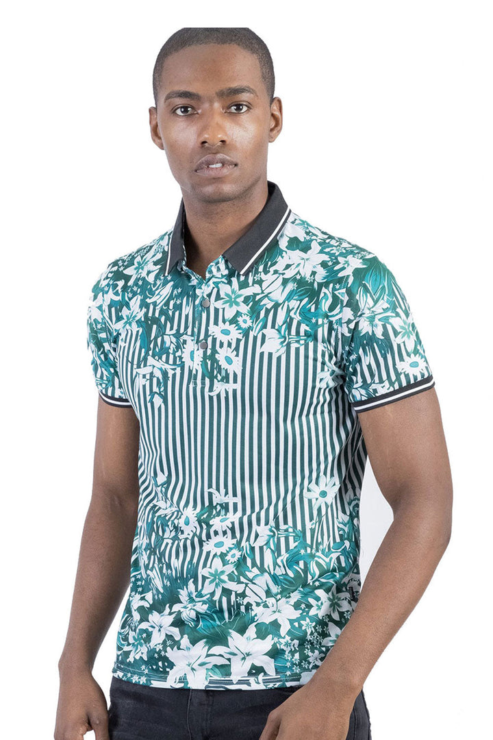 BARABAS Men's Floral Striped Printed Short Sleeve Polo Shirts P935 Green