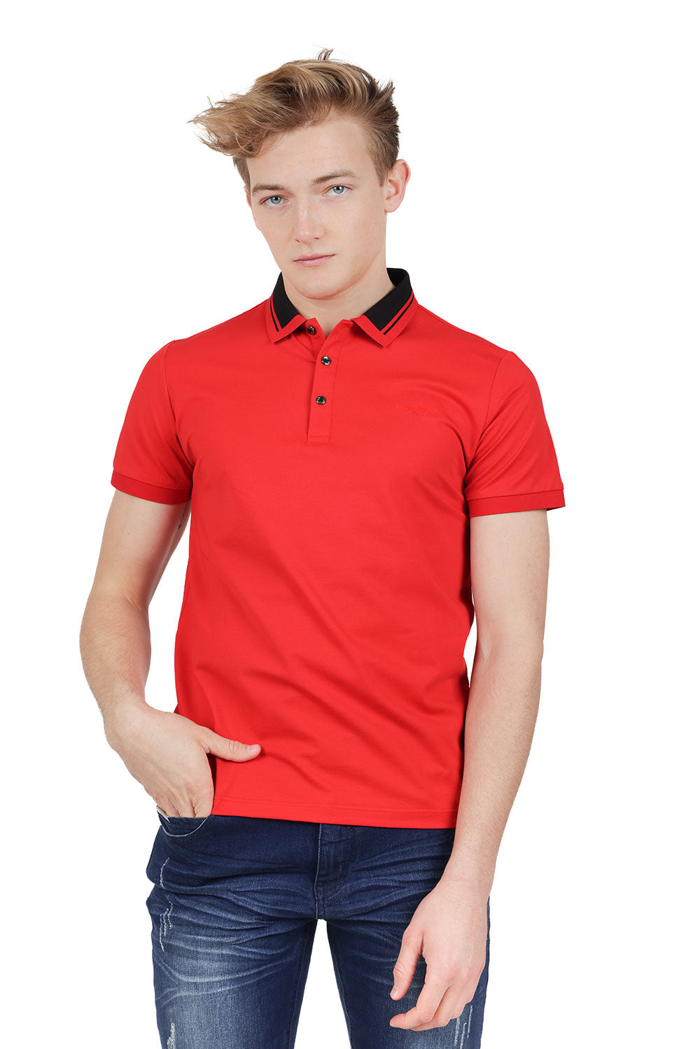 Barabas Men's Solid Color Luxury Short Sleeves Polo Shirts PP824 Red