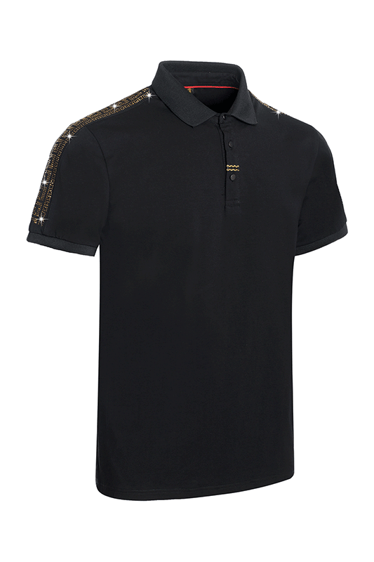 BARABAS men's Gold  rhinestone Greek pattern Black polo shirt PS103
