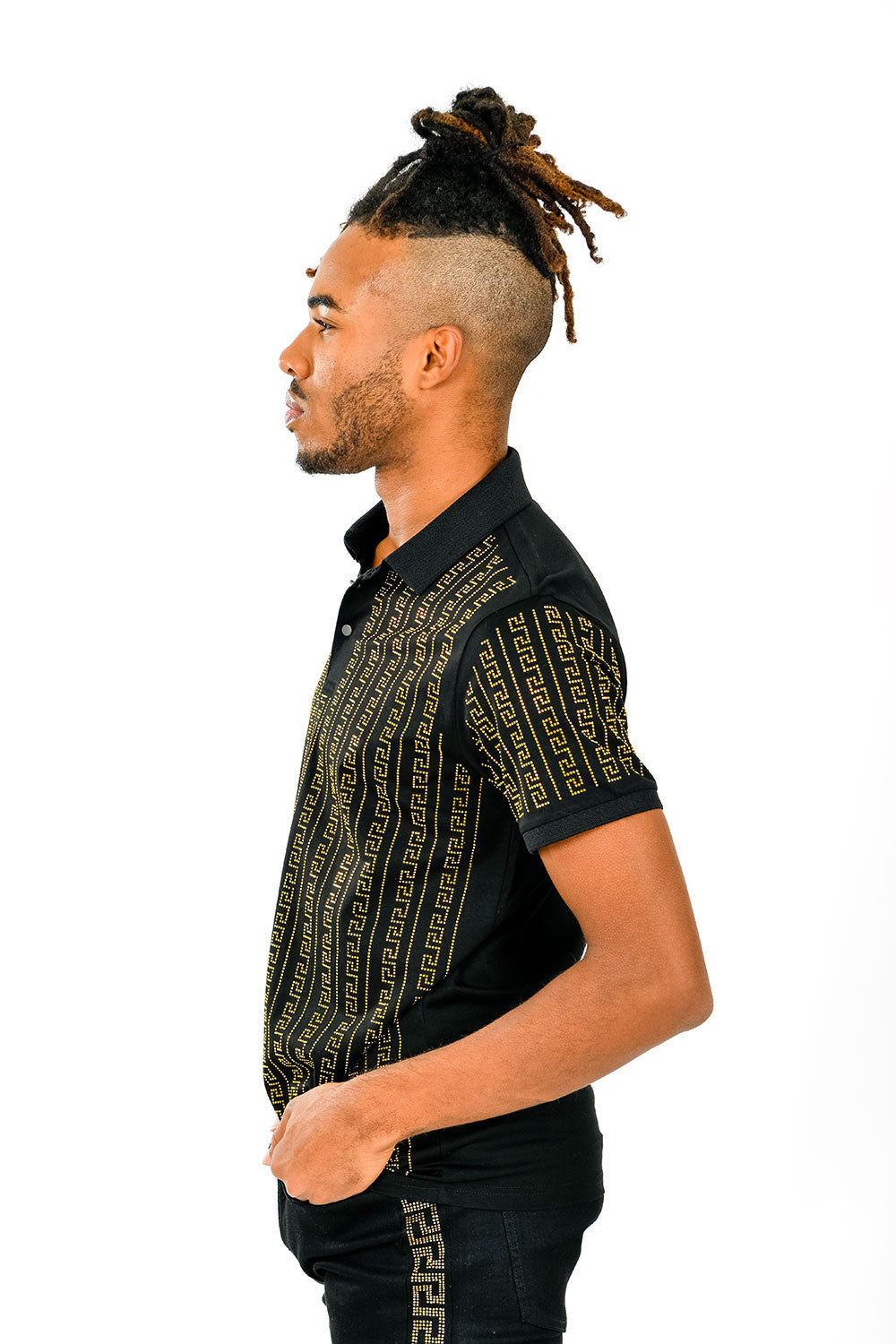 BARABAS Men's Rhinestone Greek pattern Short Sleeve Polo Shirt PS107 Black and Gold