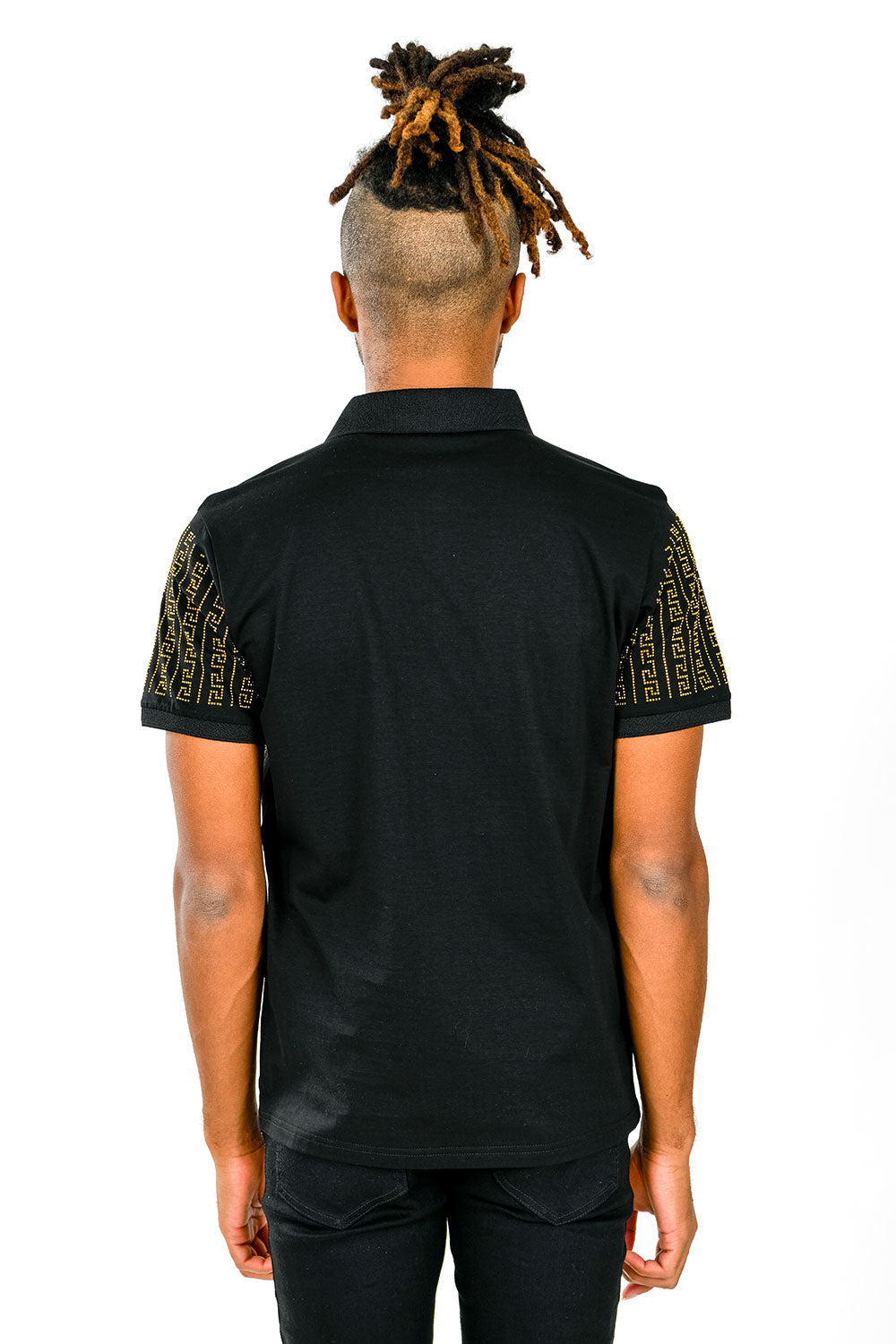 BARABAS Men's Rhinestone Greek pattern Short Sleeve Polo Shirt PS107 Black Gold