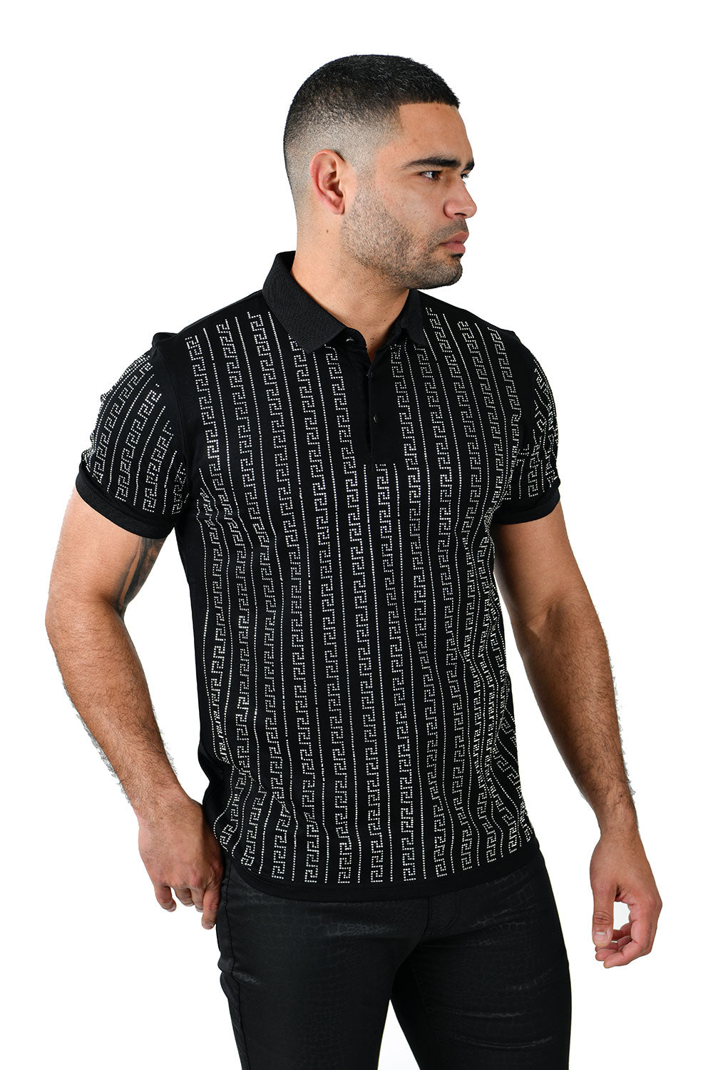 BARABAS Men's Rhinestone Greek pattern Short Sleeve Polo Shirt PS107 Black and Silver