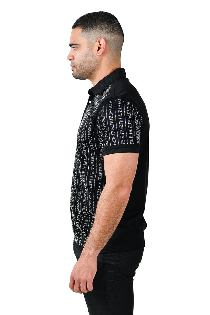 BARABAS Men's Rhinestone Greek pattern Short Sleeve Polo Shirt PS107 Black and Silver