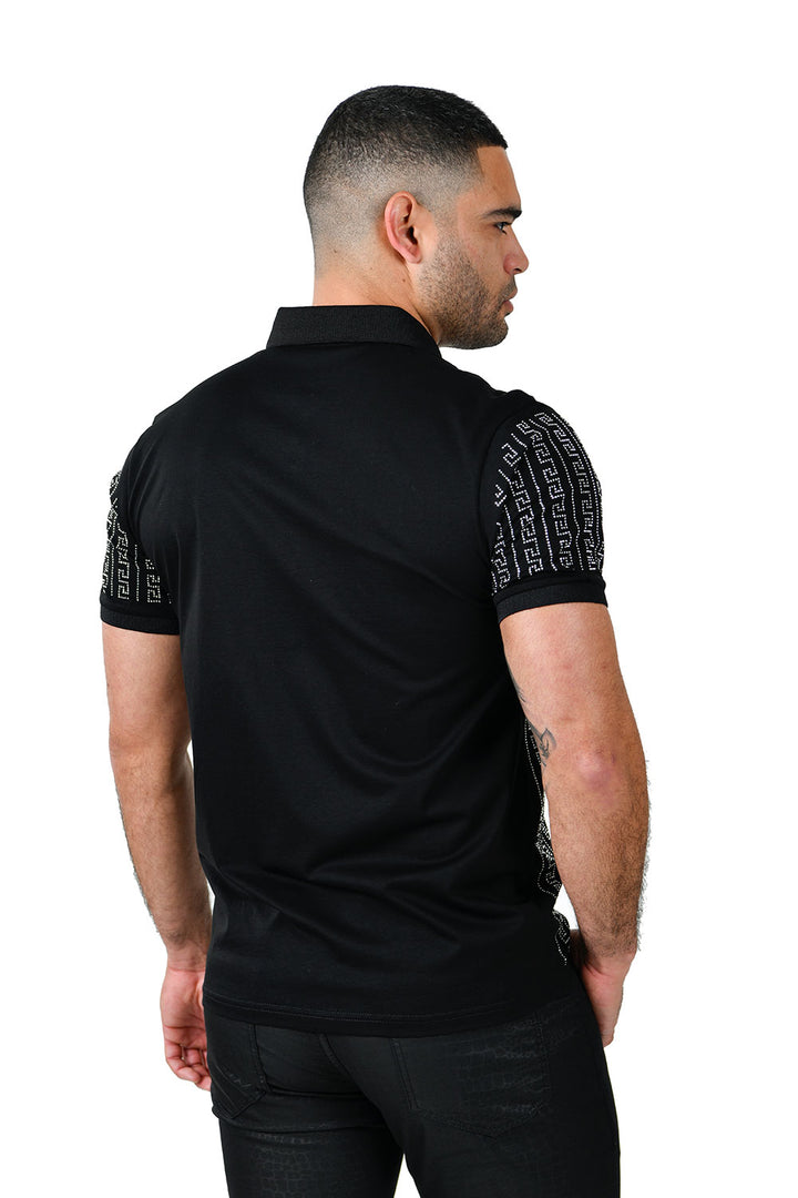 BARABAS Men's Rhinestone Greek pattern Short Sleeve Polo Shirt PS107 Black and silver