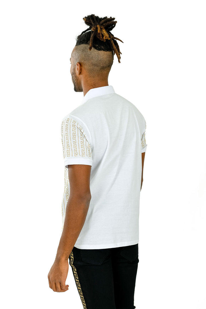 BARABAS Men's Rhinestone Greek pattern Short Sleeve Polo Shirt PS107 White and Gold
