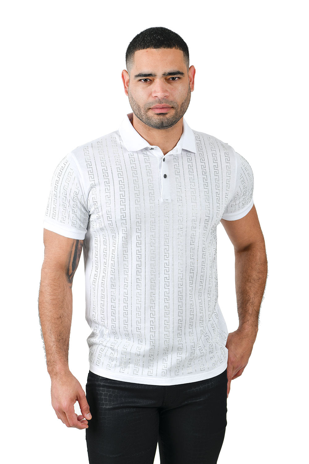 BARABAS Men's Rhinestone Greek pattern Short Sleeve Polo Shirt PS107 White Silver