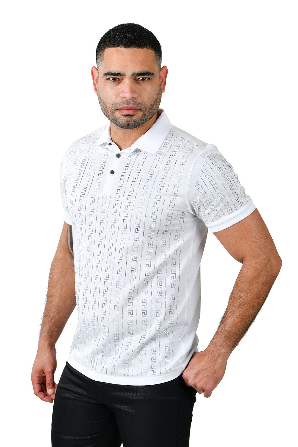 BARABAS Men's Rhinestone Greek pattern Short Sleeve Polo Shirt PS107 White SIlver