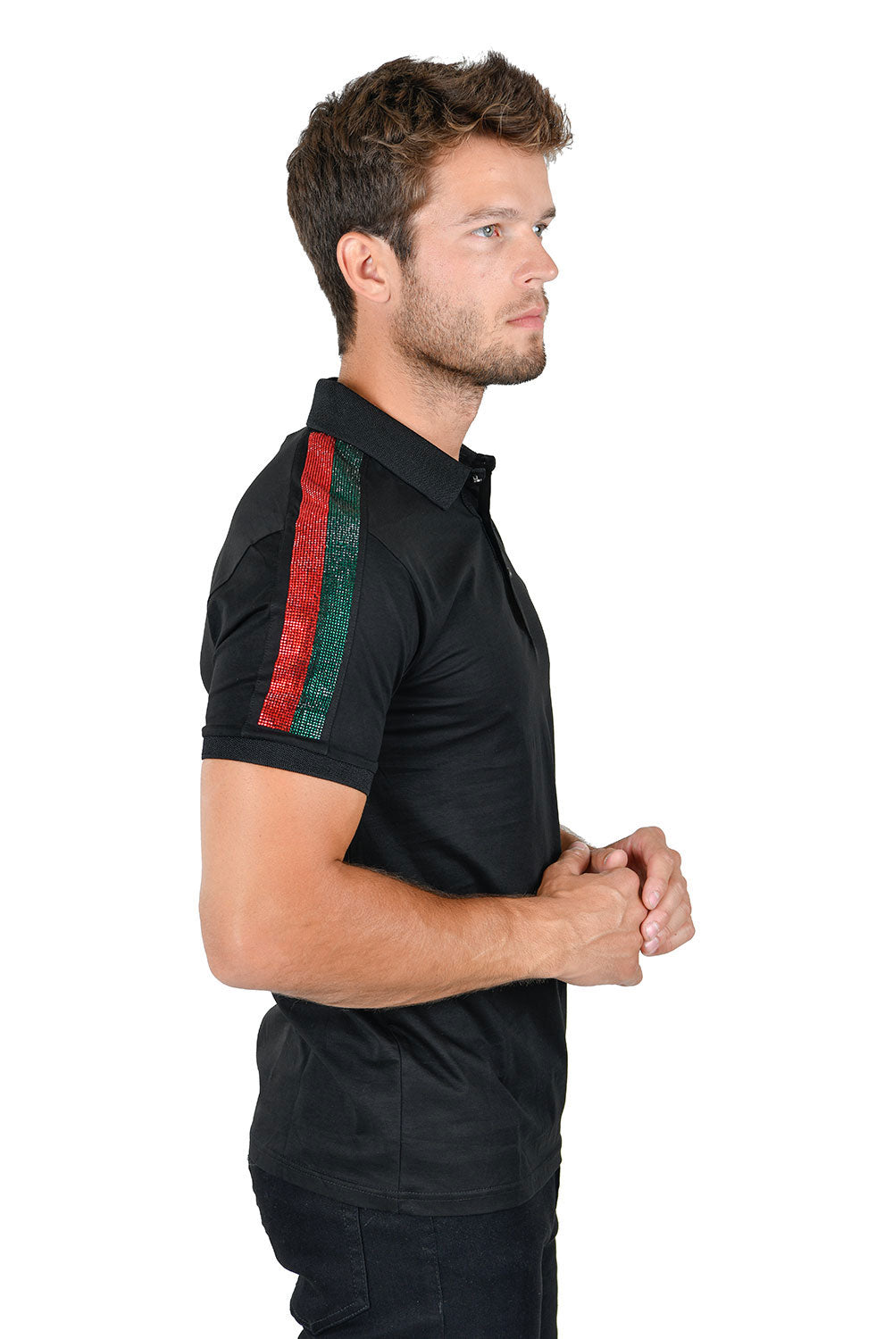 Barabas Men's Red Green Rhinestone Short Sleeve Polo Shirts PS109