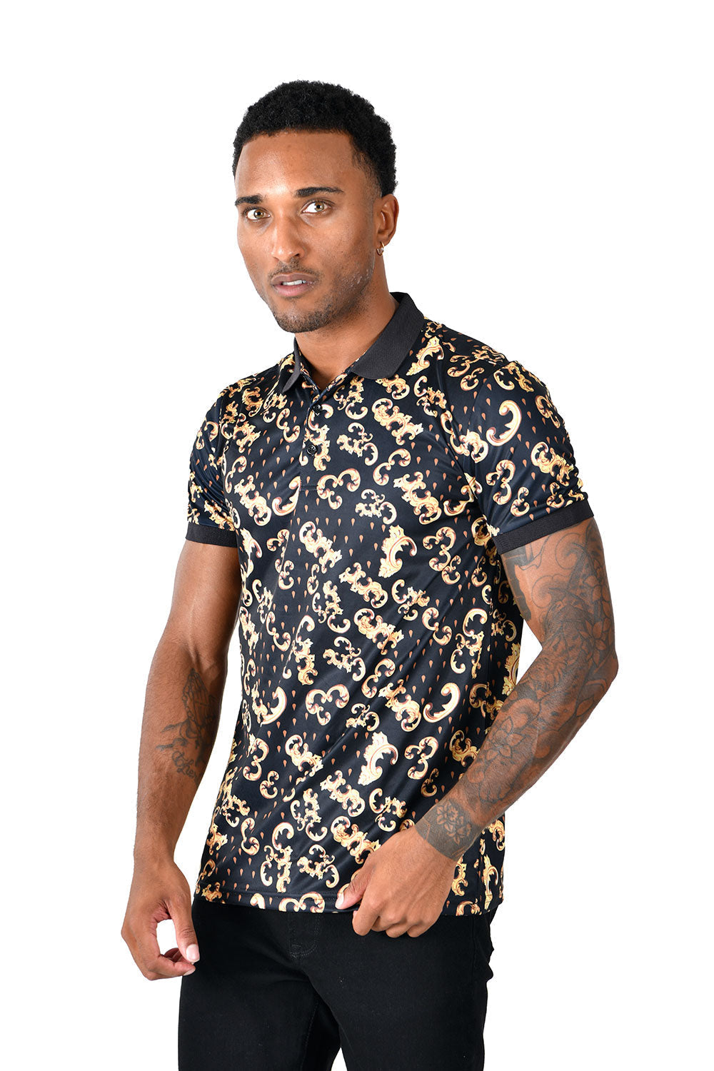 Barabas Men's Golden Floral Short Sleeve Polo Shirt PS111 Black Gold