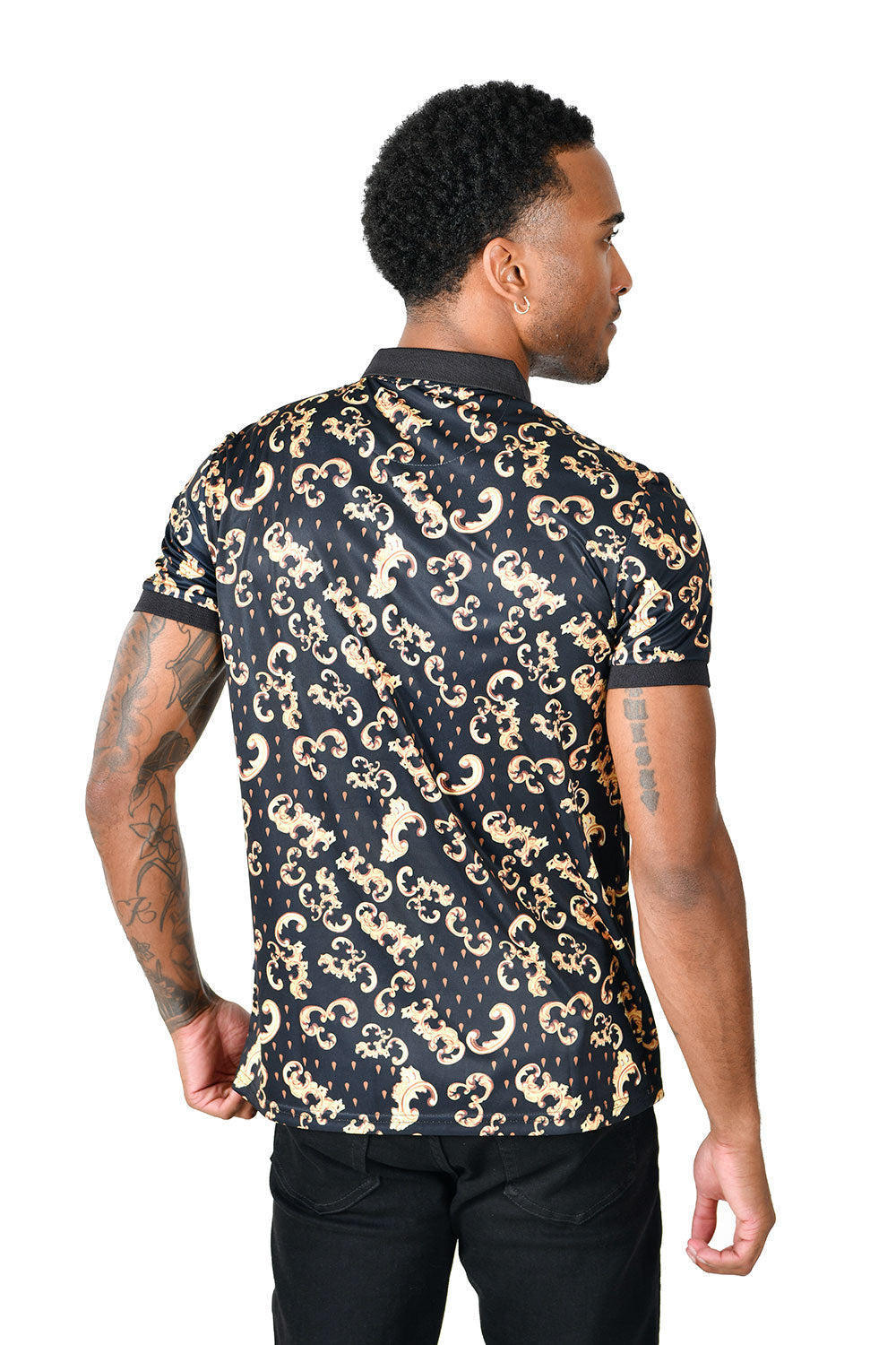 Barabas Men's Golden Floral Short Sleeve Polo Shirt PS111 Black Gold