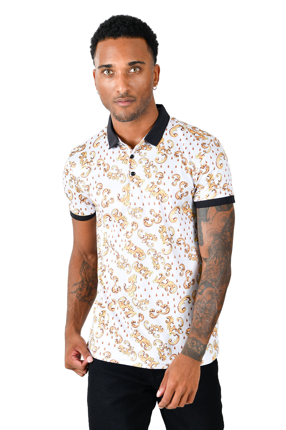 Barabas Men's Golden Floral Short Sleeve Polo Shirt PS111 White