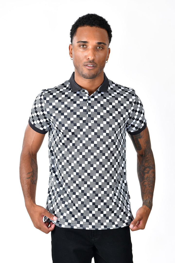Barabas Men's Printed Checkered Gingham Black White Polo Shirt PS114