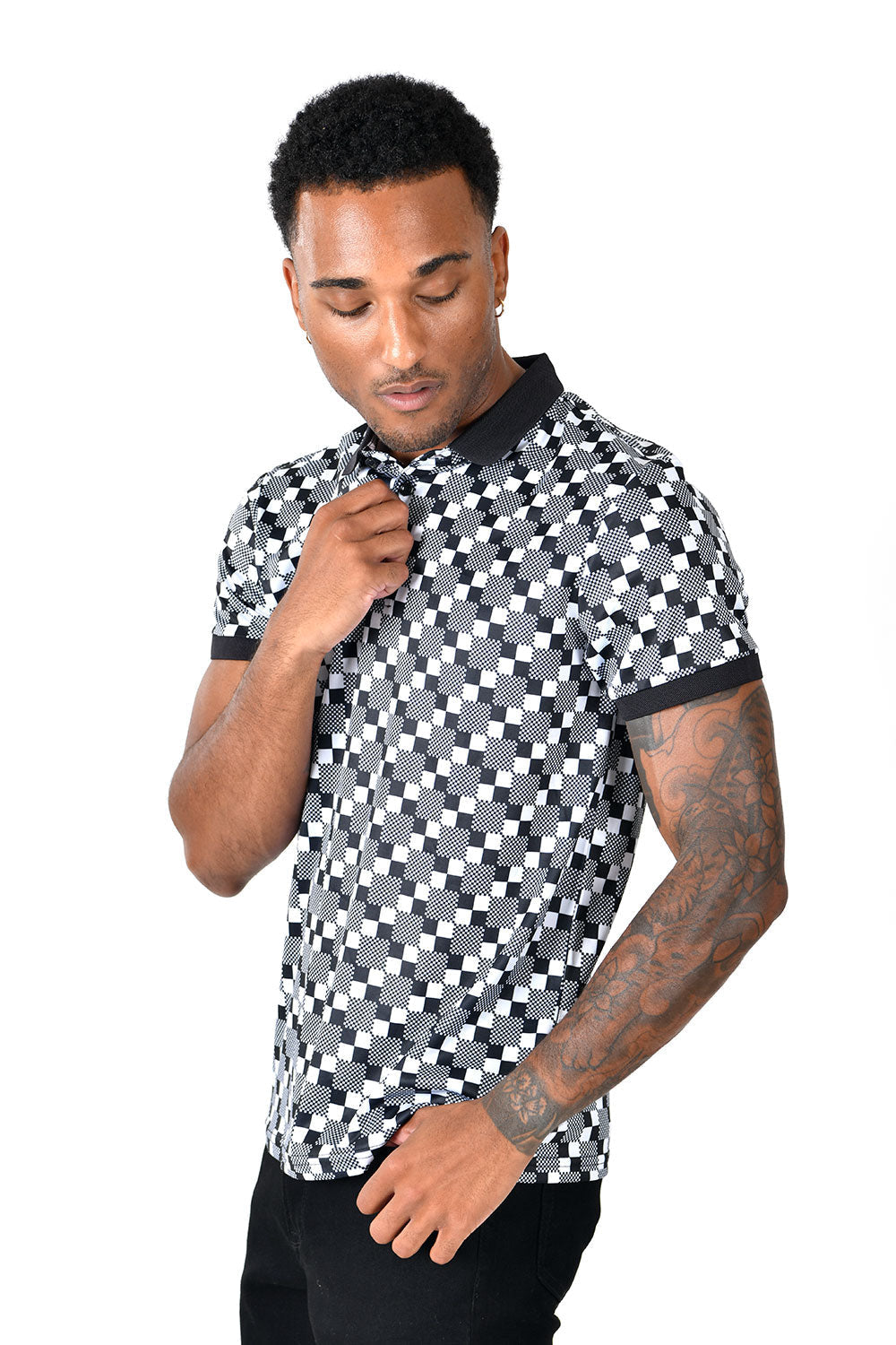 Barabas Men's Printed Checkered Gingham Black White Polo Shirt PS114