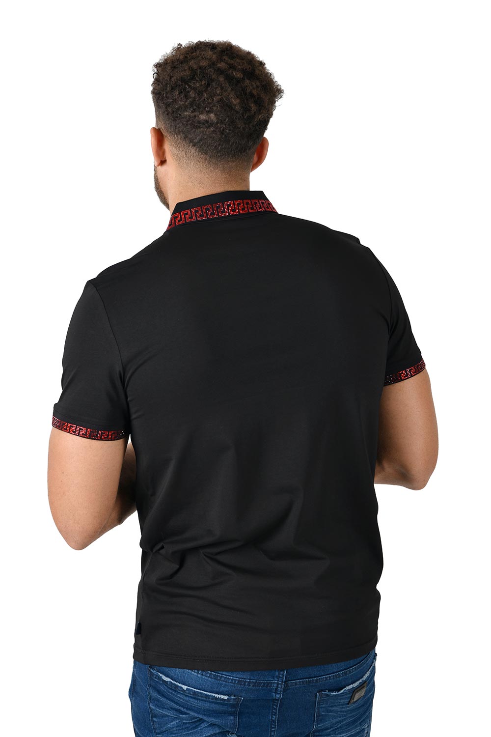 BARABAS men's rhinestone Greek key pattern polo shirt PS118 Black red