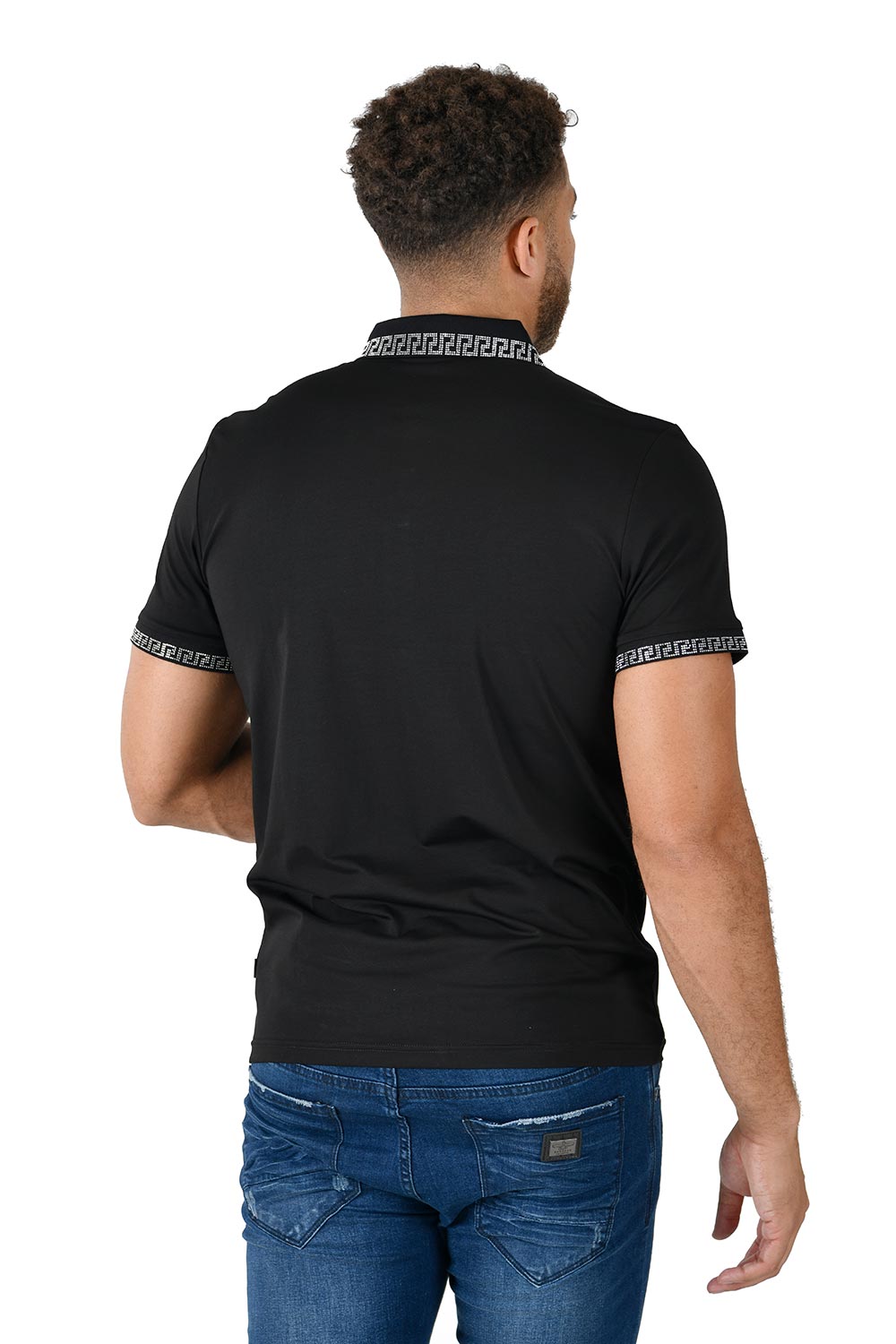 BARABAS men's rhinestone Greek key pattern polo shirt PS118 Black silver