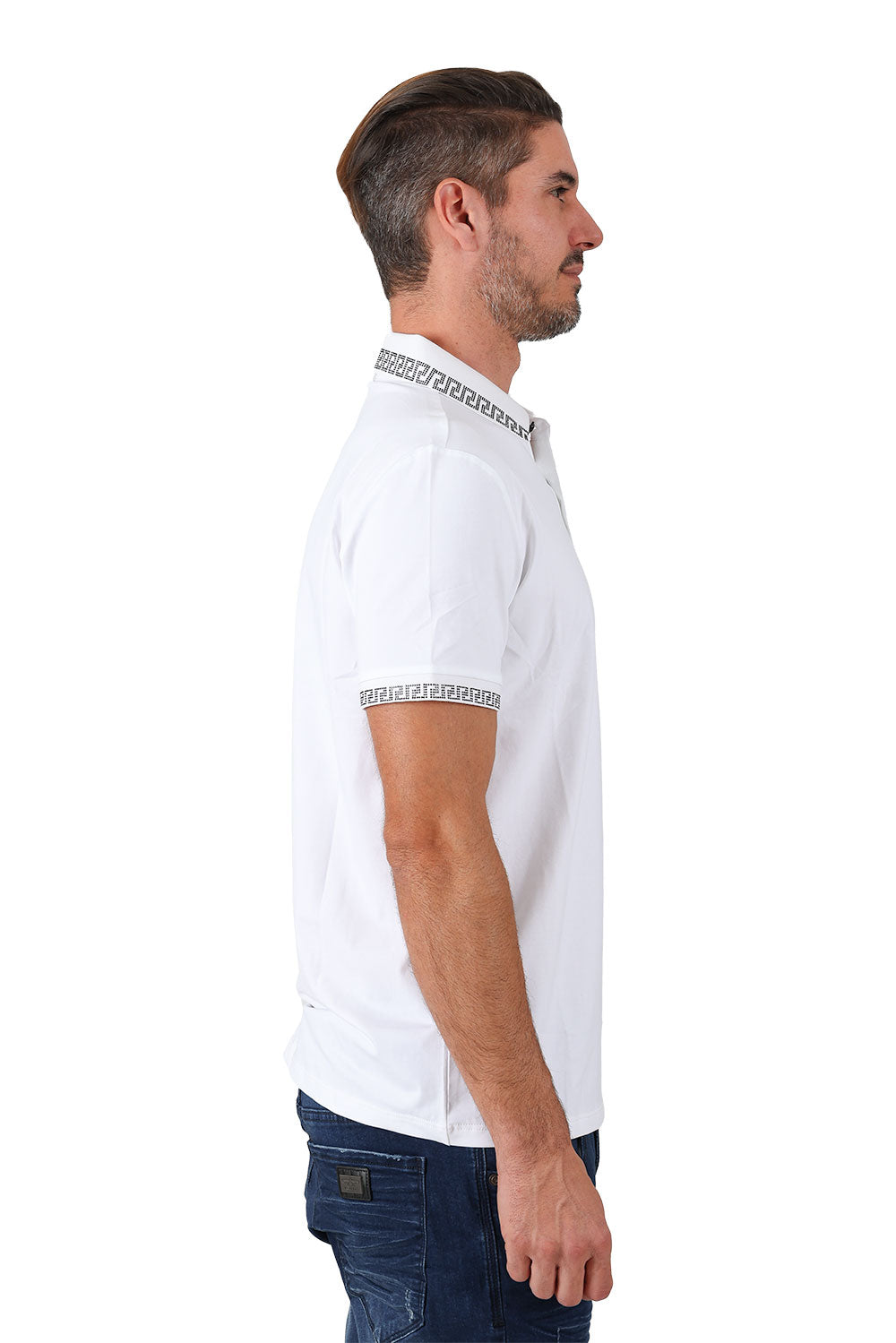 BARABAS men's rhinestone Greek key pattern polo shirt PS118 White Black