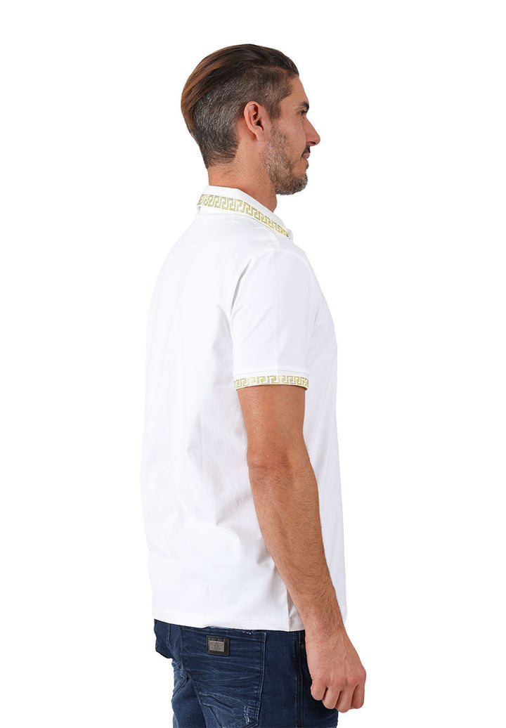 BARABAS men's rhinestone Greek key pattern polo shirt PS118 White Gold