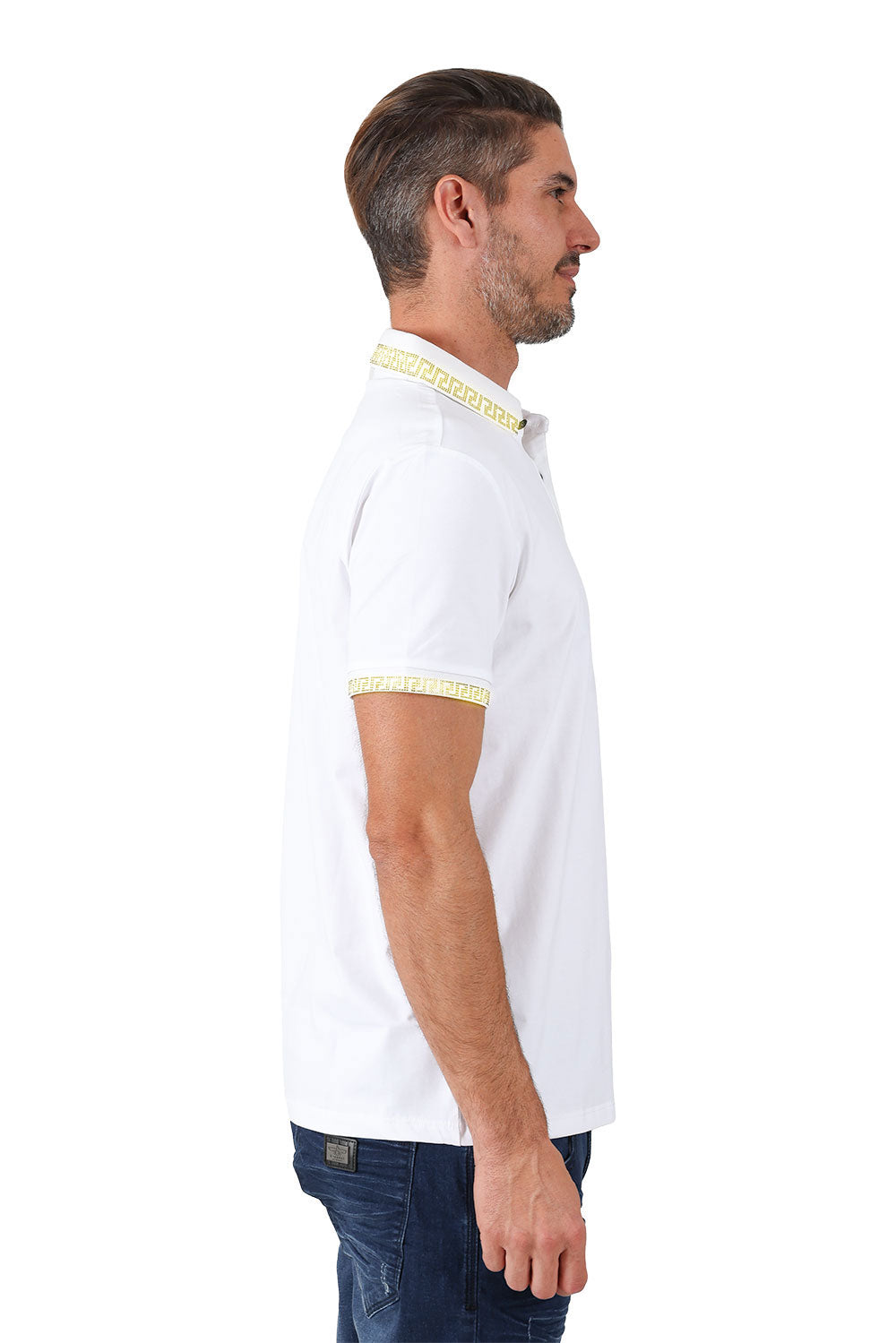BARABAS men's rhinestone Greek key pattern polo shirt PS118 White Gold