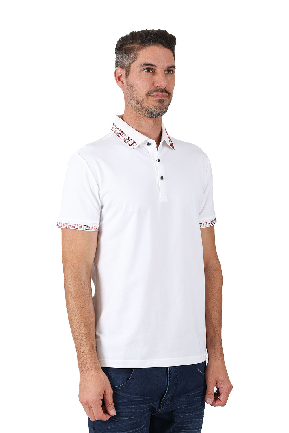 BARABAS men's rhinestone Greek key pattern polo shirt PS118 White Red