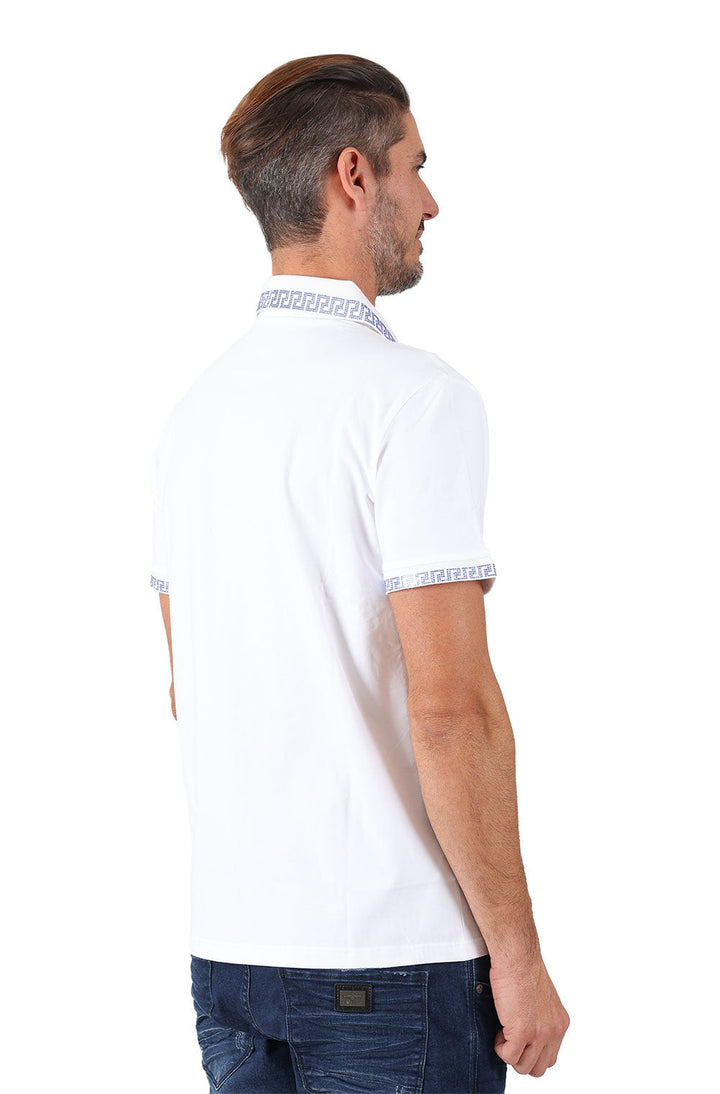 BARABAS men's rhinestone Greek key pattern polo shirt PS118 White Royal