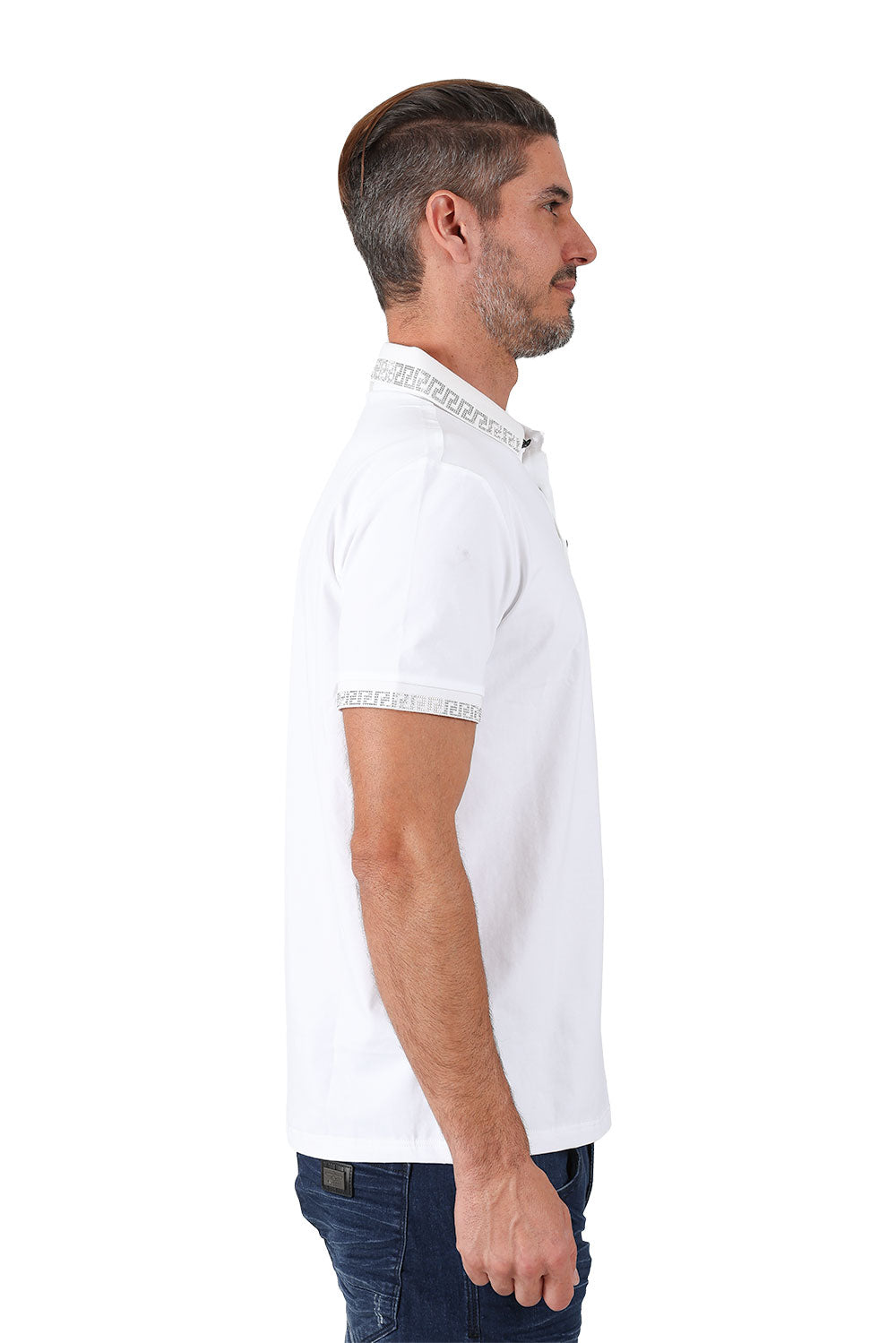 BARABAS men's rhinestone Greek key pattern polo shirt PS118 White Silver