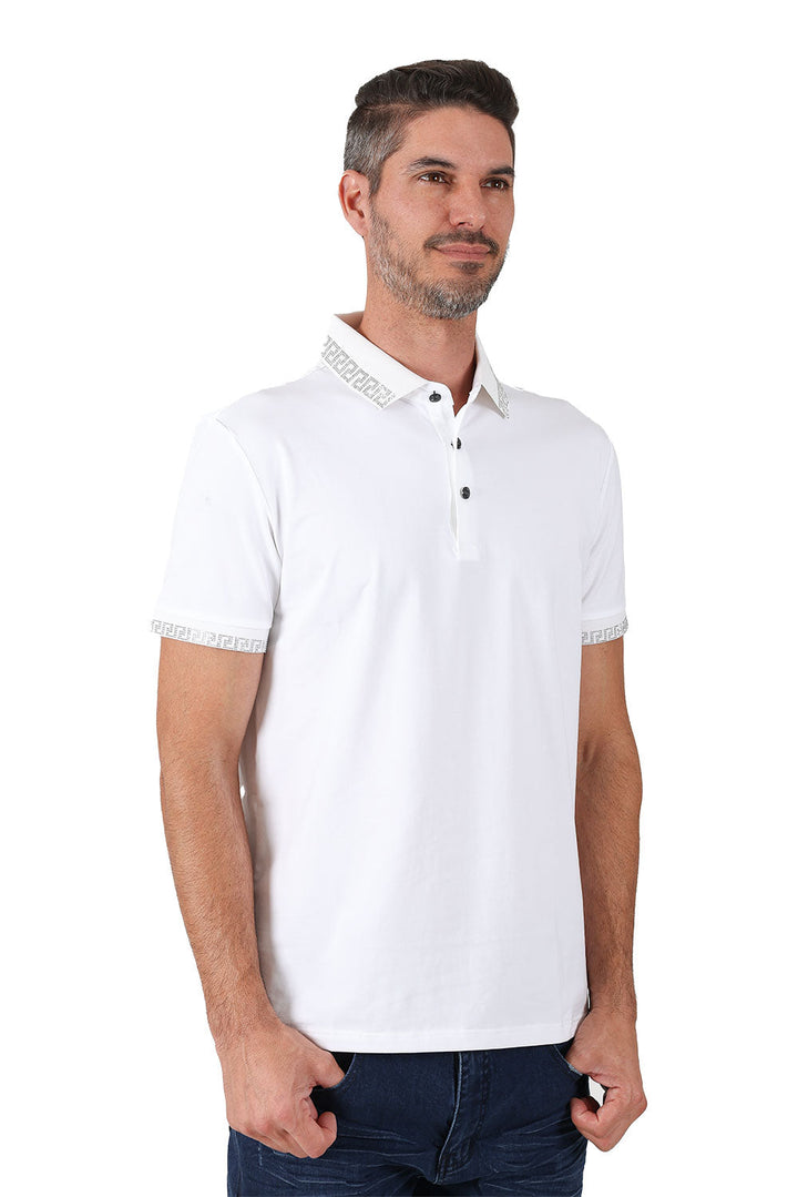 BARABAS men's rhinestone Greek key pattern polo shirt PS118 White Silver