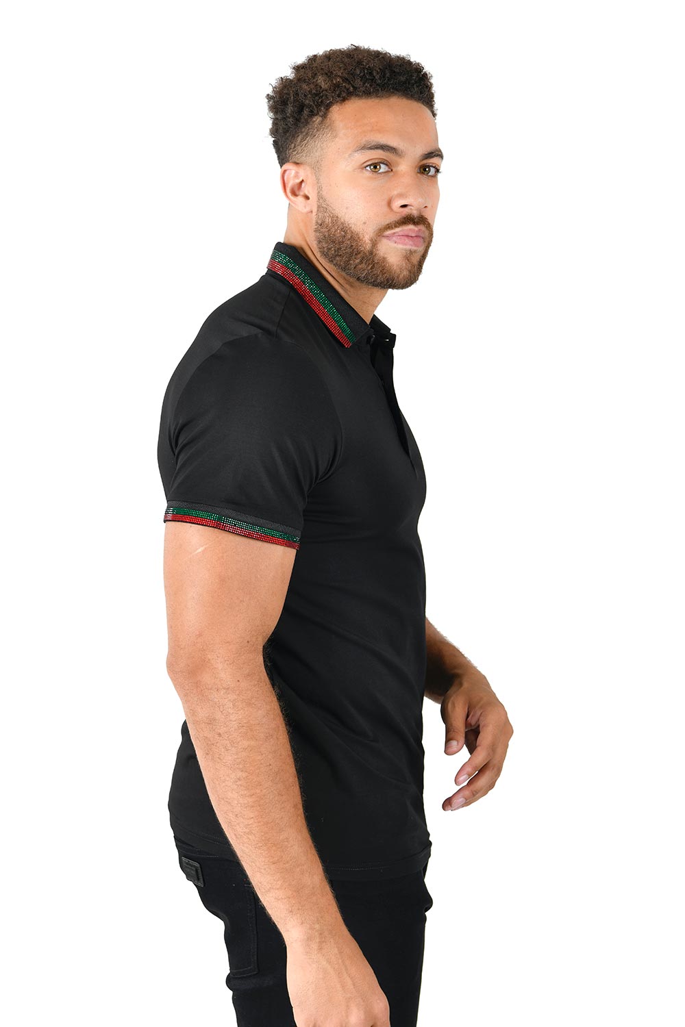 Barabas Men's Red Green Rhinestone Short Sleeve Polo Shirts PS119 Black