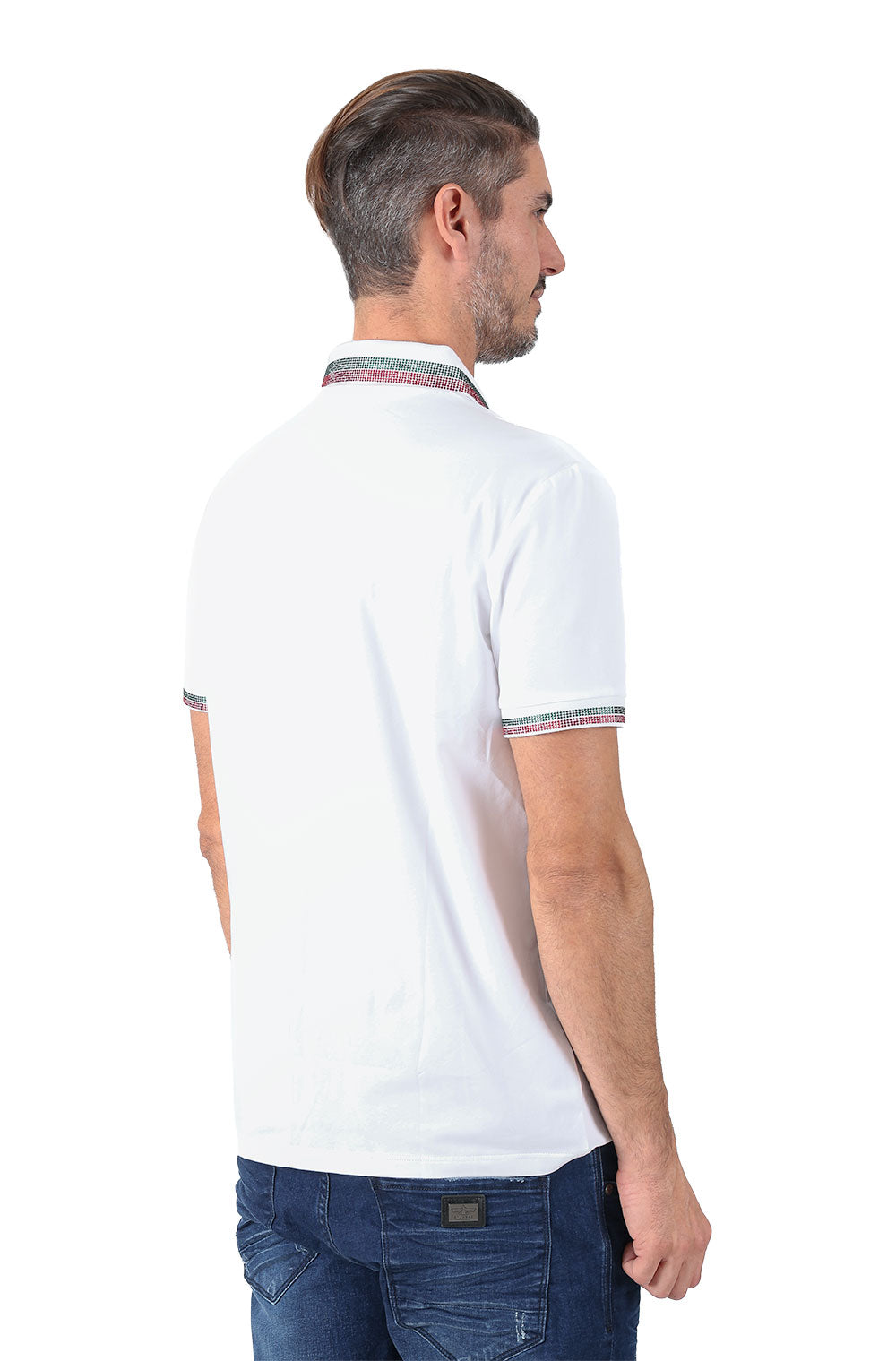 Barabas Men's Red Green Rhinestone Short Sleeve Polo Shirts PS119 White