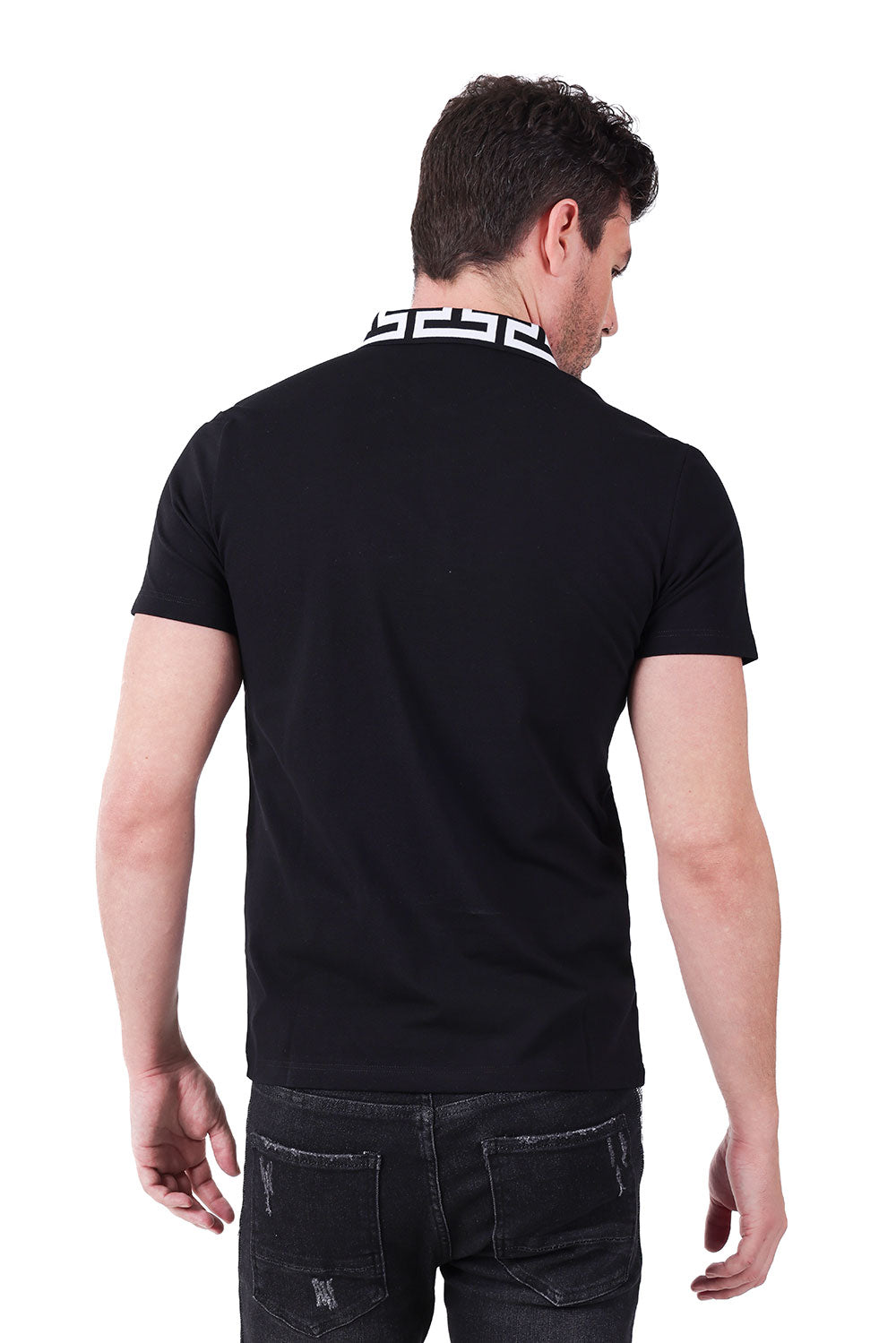 Barabas Men's Greek Key Printed Pattern Designer Polo Shirts PS121 Black White
