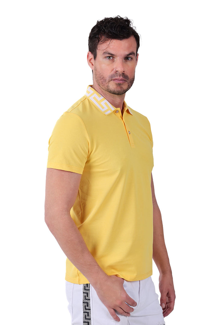 Barabas Men's Greek Key Printed Pattern Short Sleeve Shirts PS121 Banana
