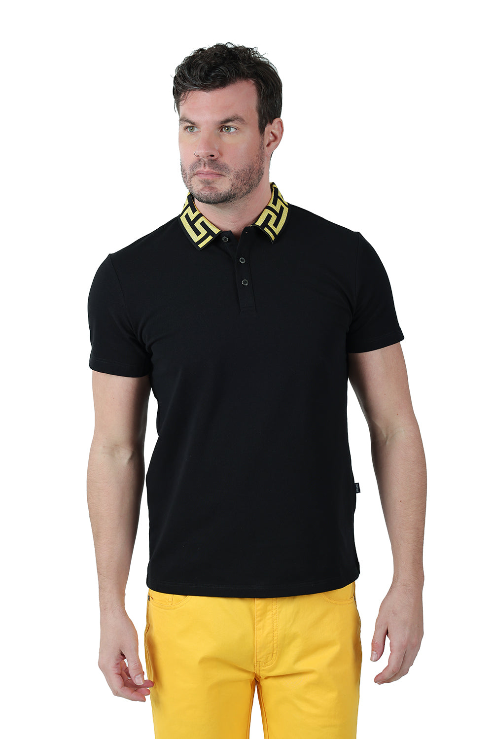 Barabas Men's Greek Key Printed Pattern Designer Polo Shirts PS121 Black Gold