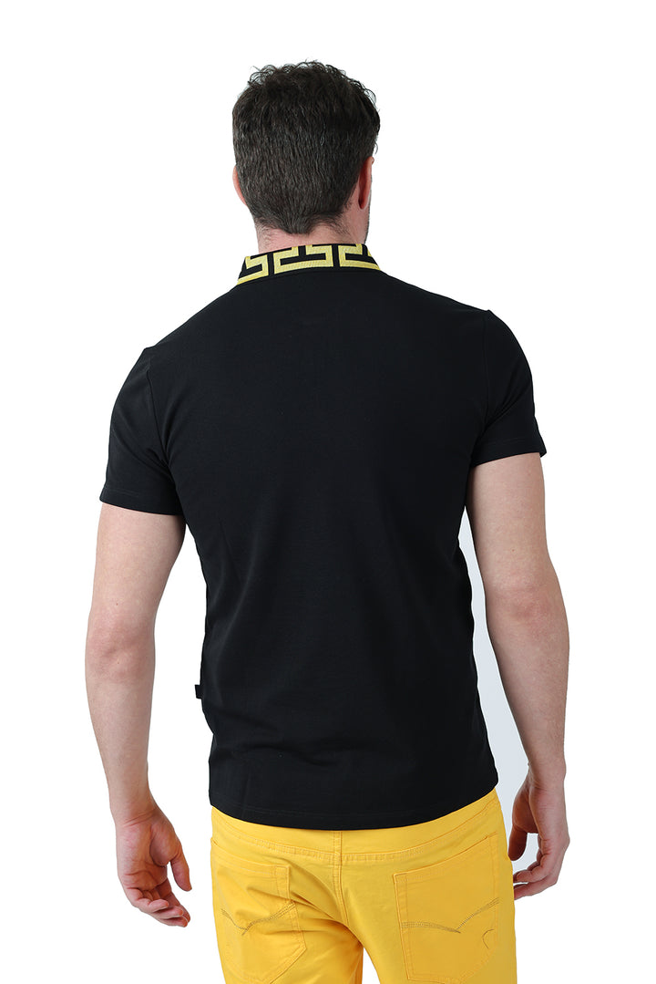 Barabas Men's Greek Key Printed Pattern Designer Polo Shirts PS121 Black Gold