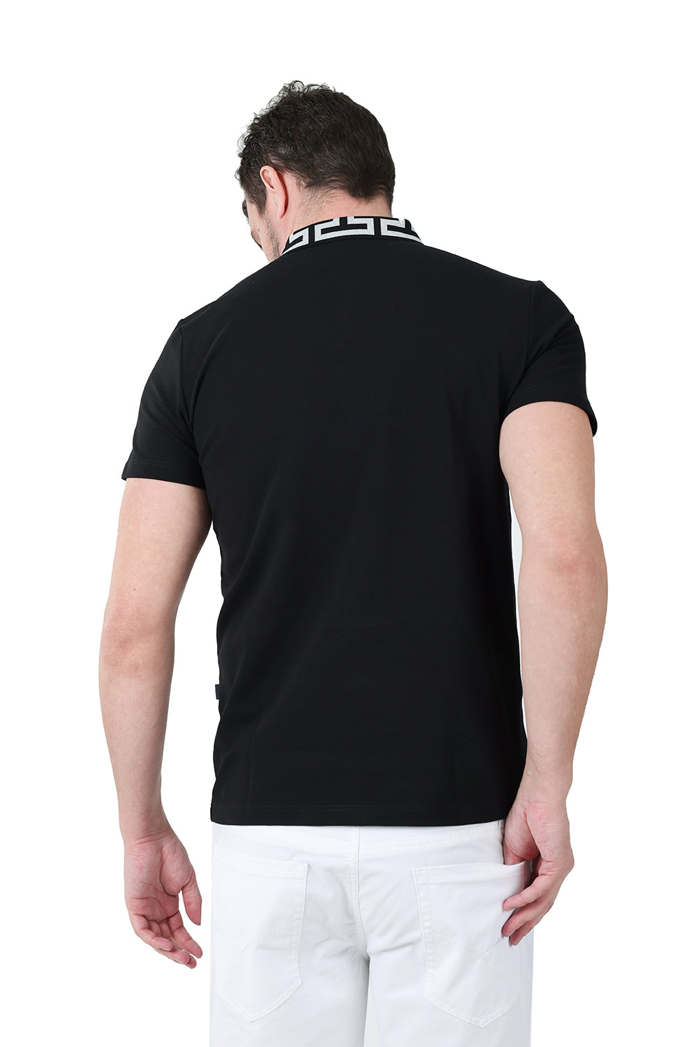 Barabas Men's Greek Key Printed Pattern Designer Polo Shirts PS121 Black Silver