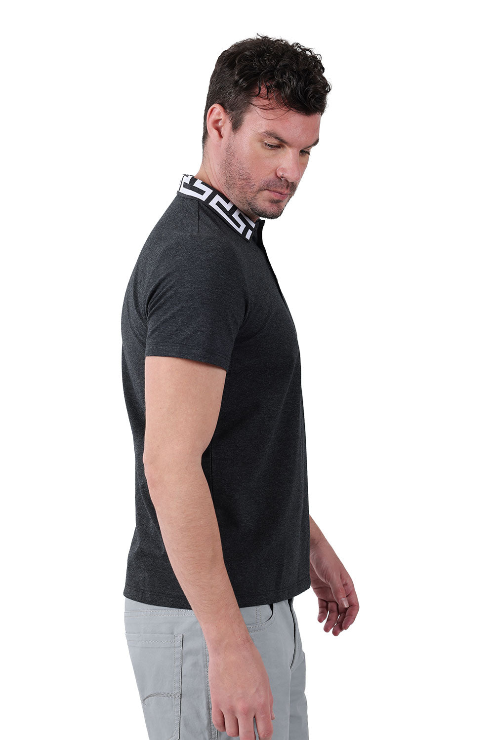 Barabas Men's Greek Key Printed Pattern Short Sleeve Shirts PS121 Charcoal