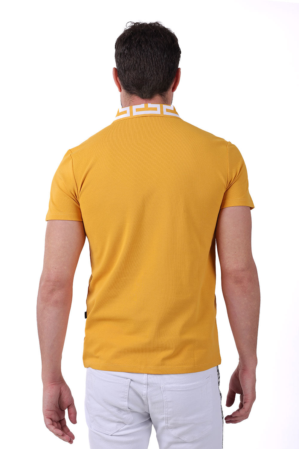 Barabas Men's Greek Key Printed Pattern Short Sleeve Shirts PS121 Mustard