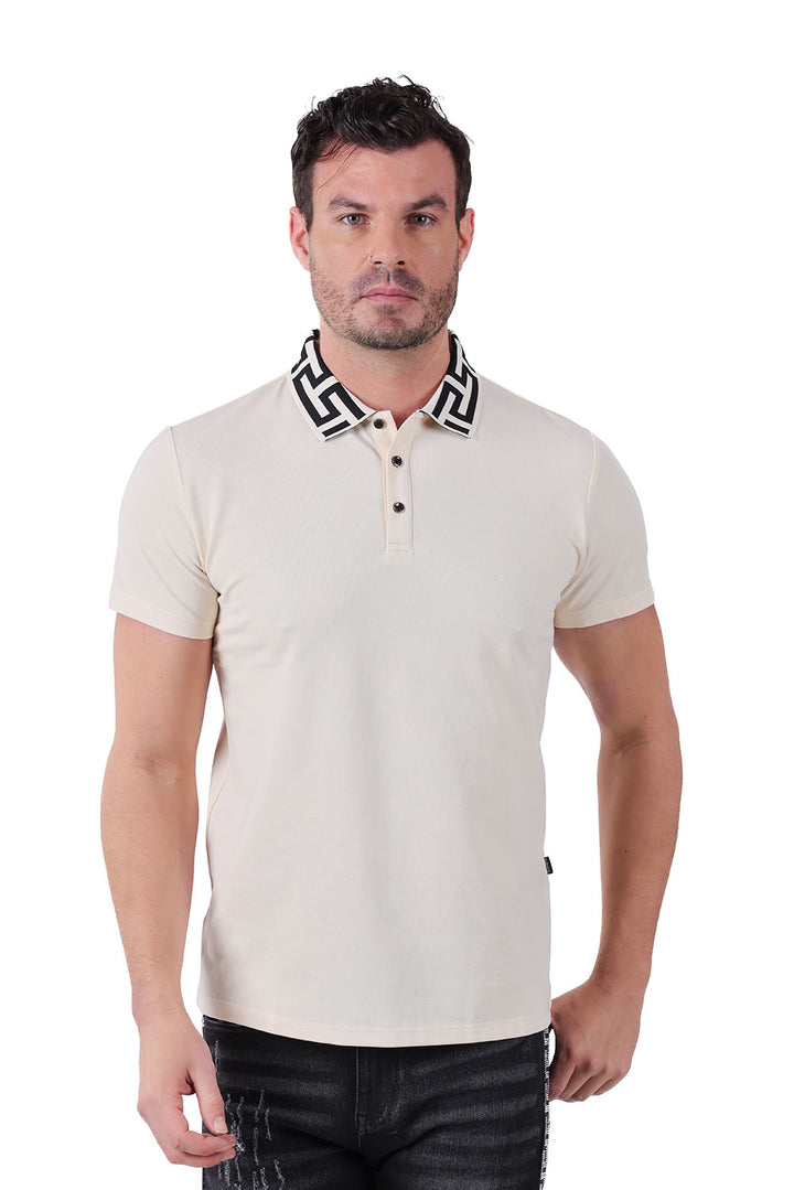 Barabas Men's Greek Key Printed Pattern Short Sleeve Shirts PS121 Natural