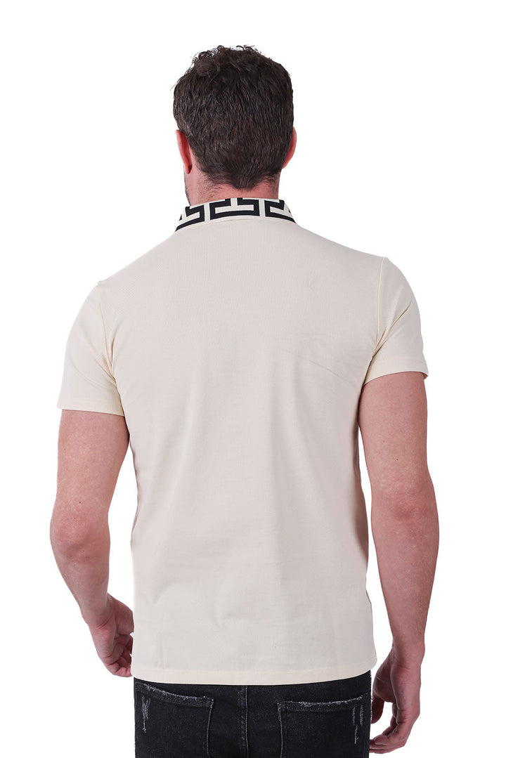 Barabas Men's Greek Key Printed Pattern Short Sleeve Shirts PS121 Natural