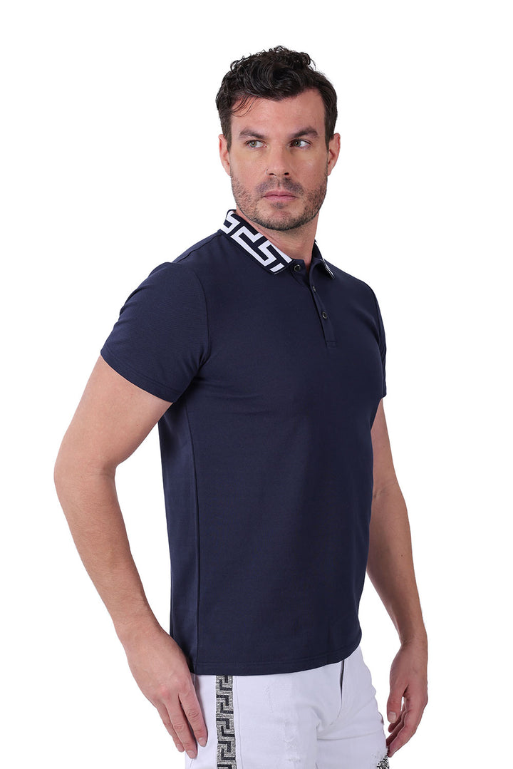 Barabas Men's Greek Key Printed Pattern Short Sleeve Shirts PS121 Navy