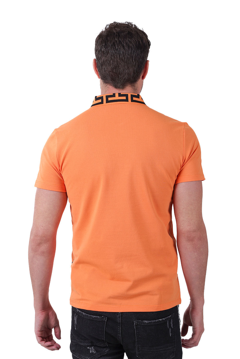 Barabas Men's Greek Key Printed Pattern Designer Polo Shirts PS121 Orange