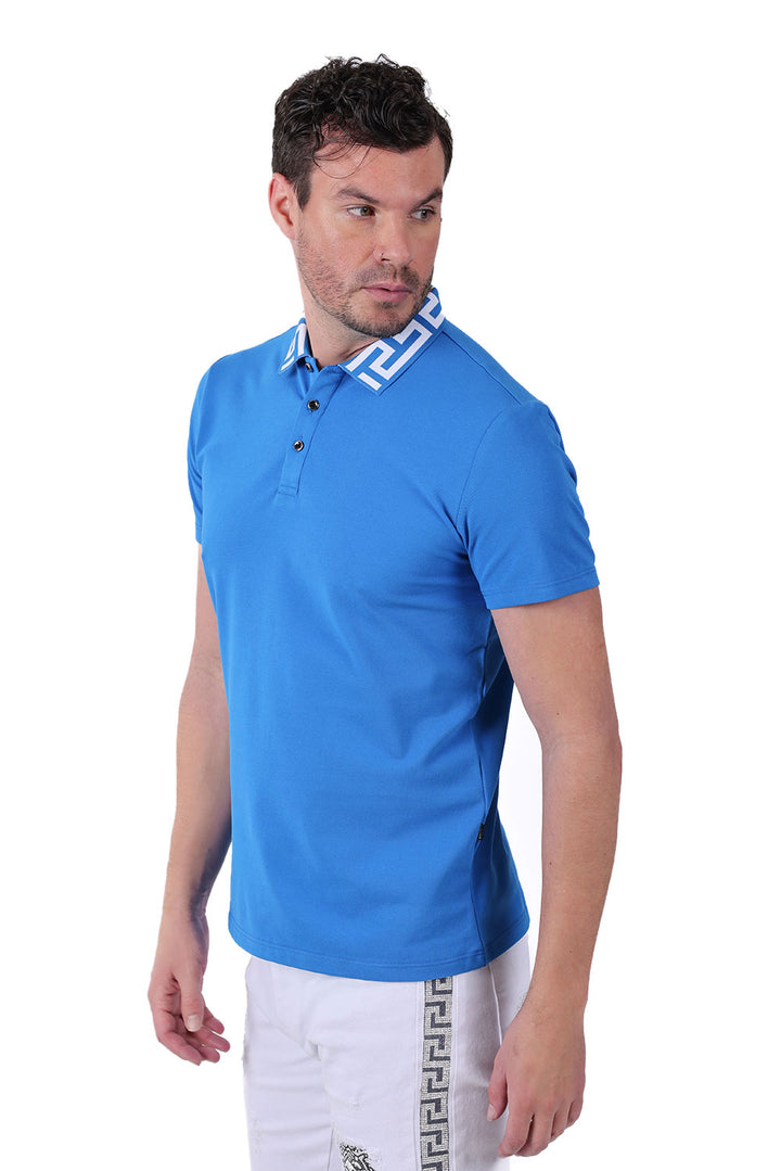 Barabas Men's Greek Key Printed Pattern Designer Polo Shirts PS121 Royal