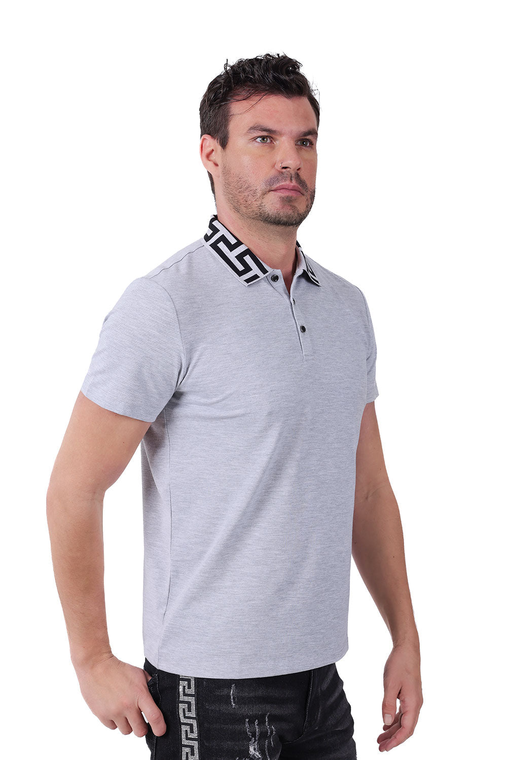 Barabas Men's Greek Key Printed Pattern Short Sleeve Shirts PS121 Silver