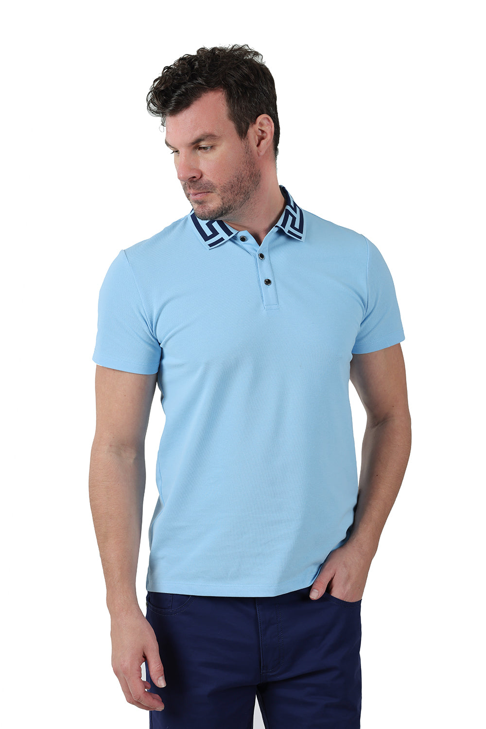 Barabas Men's Greek Key Printed Pattern Designer Polo Shirts PS121 Sky