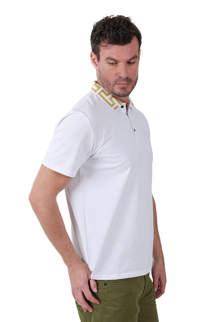 Barabas Men's Greek Key Printed Pattern Designer Polo Shirts PS121 White