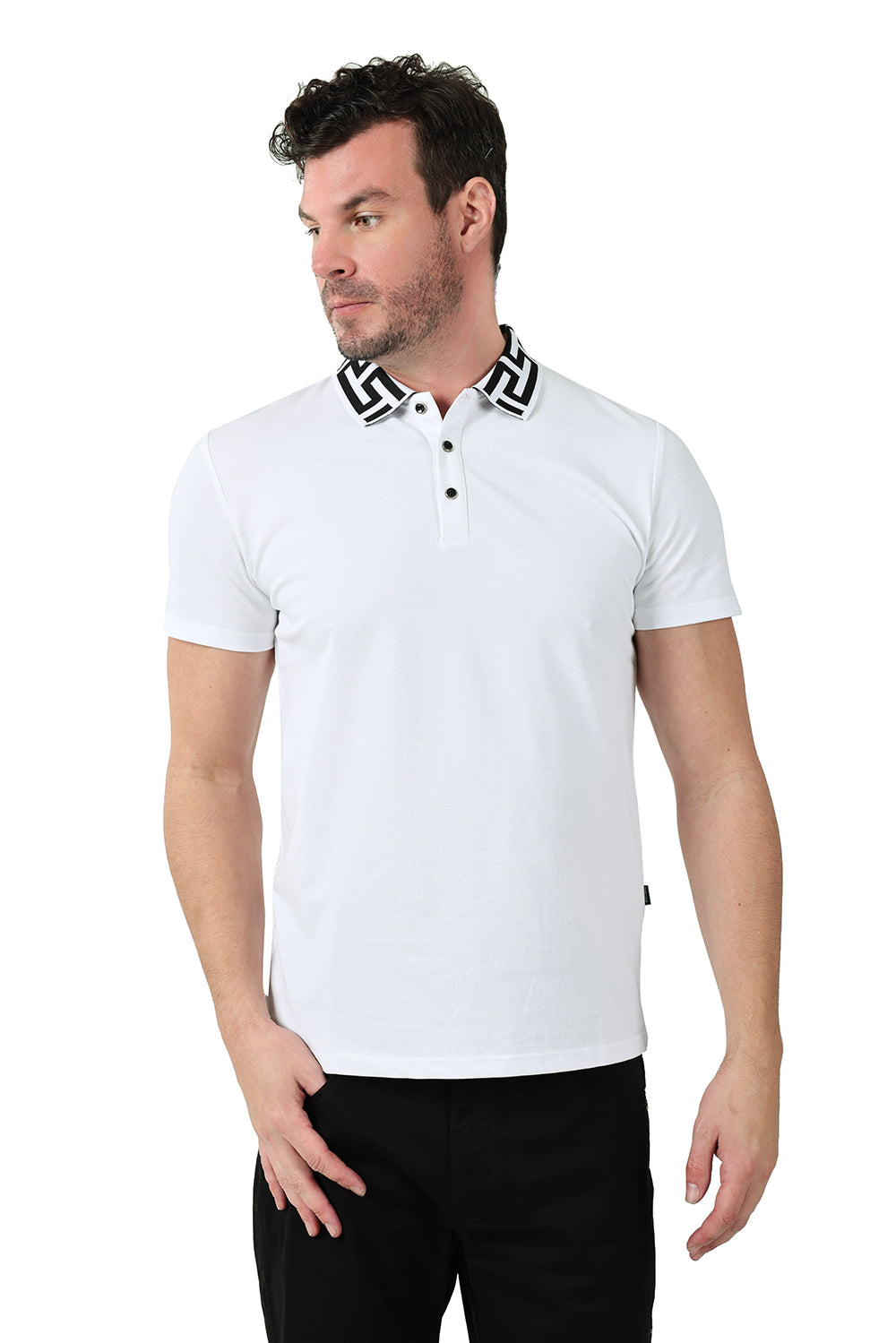 Barabas Men's Greek Key Printed Pattern Designer Polo Shirts PS121 White Black