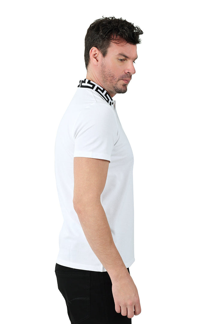 Barabas Men's Greek Key Printed Pattern Designer Polo Shirts PS121 White Black