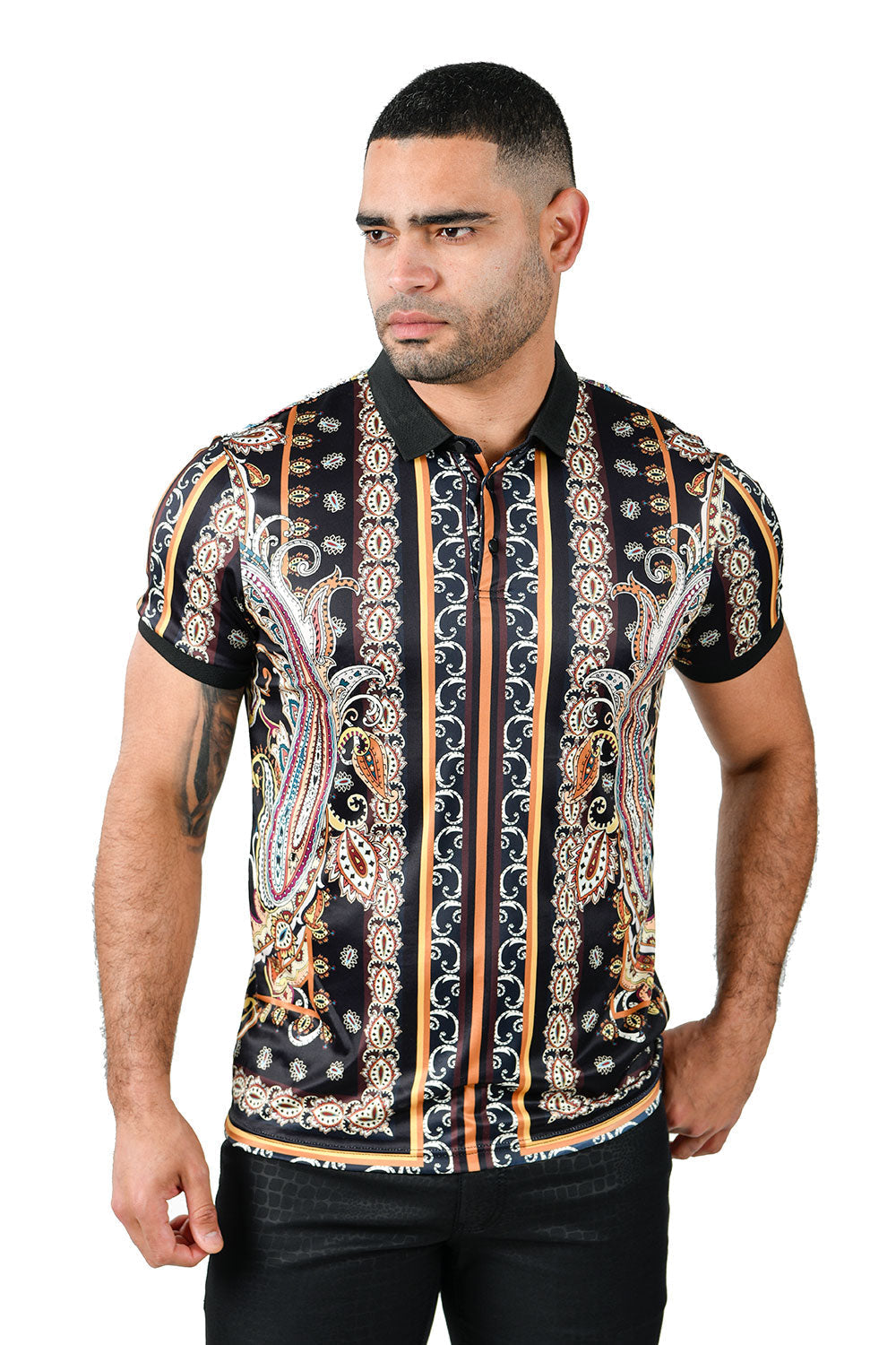 BARABAS Men's Printed Paisley Floral Black polo shirts PSP2002