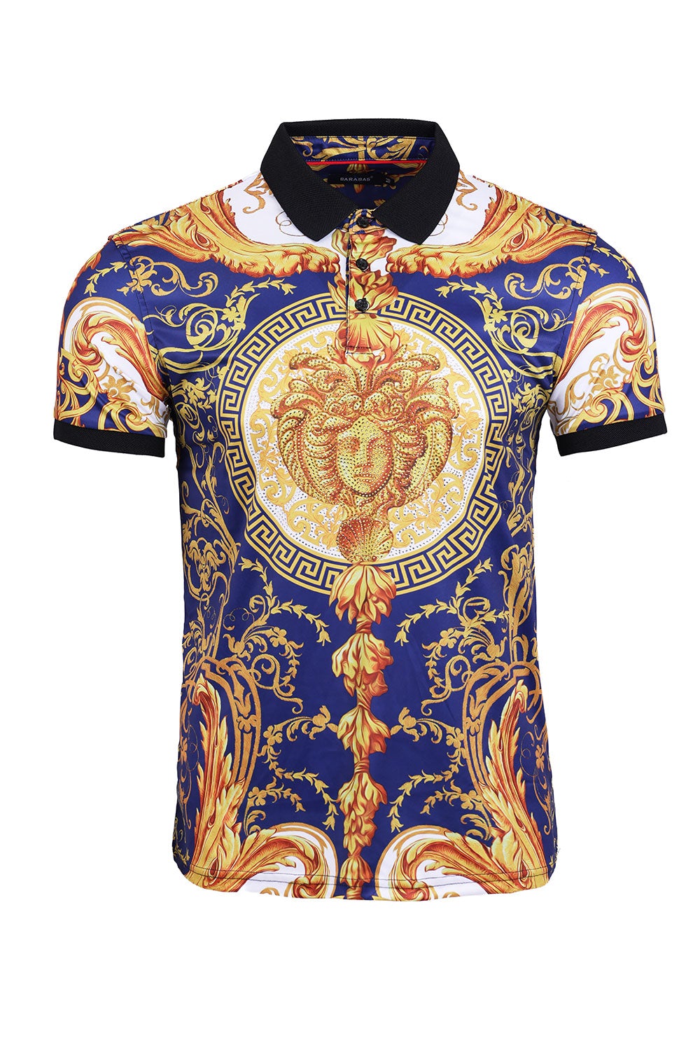 Barabas Men's Rhinestone Medusa Greek Pattern Polo Shirts PSP2006 Royal