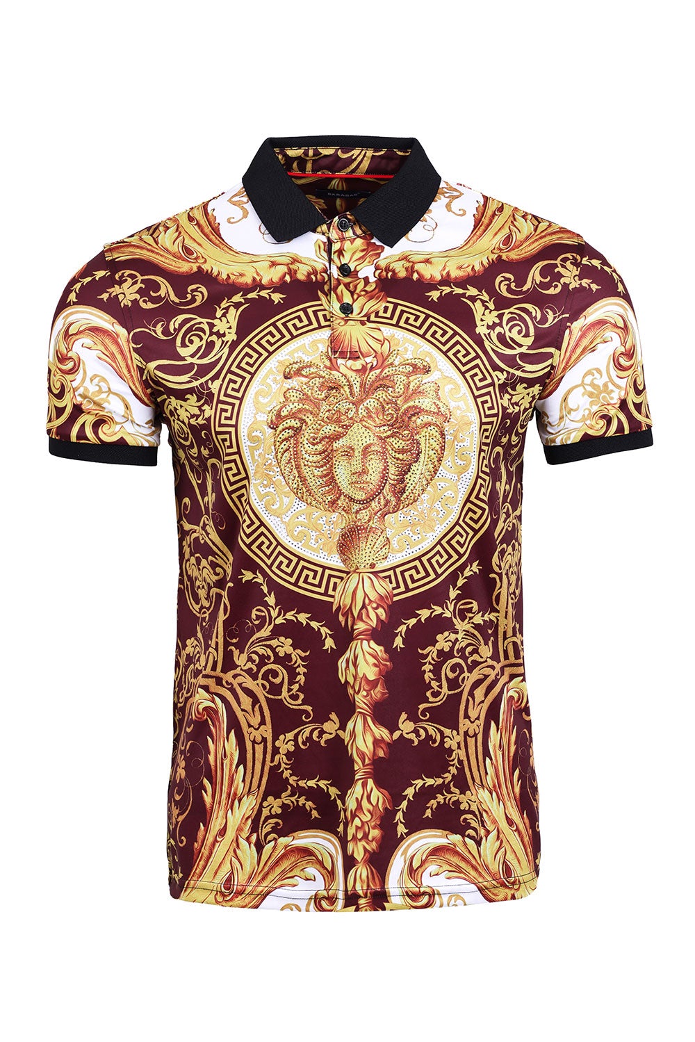 Barabas Men's Rhinestone Medusa Greek Pattern Polo Shirts PSP2006 Wine